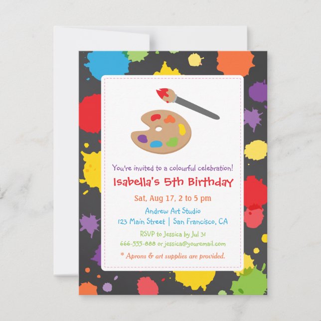 Cartes d'invitation à une fête de peinture pour en (Devant)