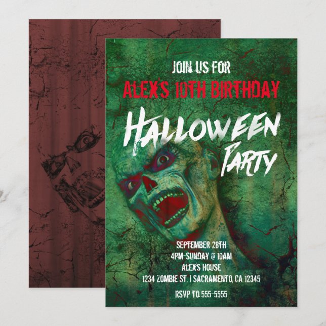Cartes d'invitation à une fête Halloween de zombie (Devant / Derrière)