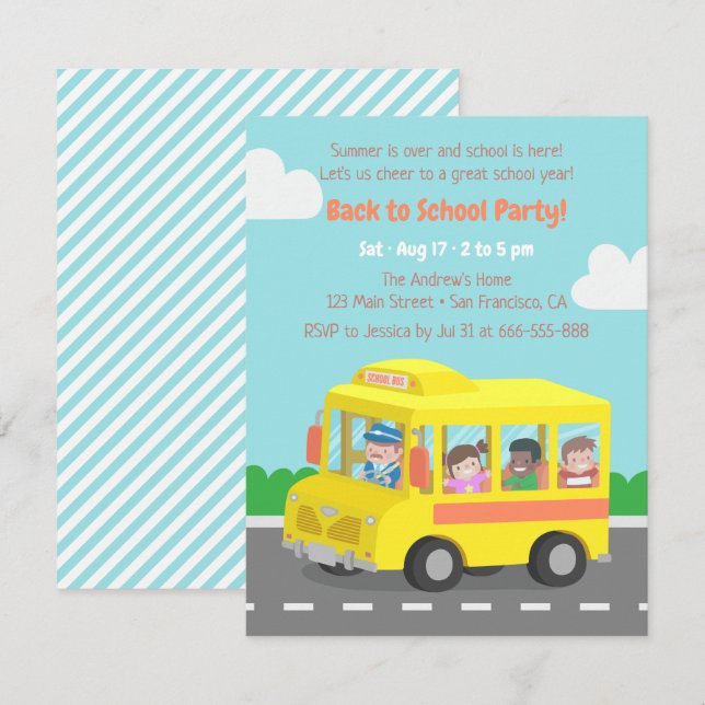Cartes d'invitation à une fête jaune d'autobus pou (Devant / Derrière)