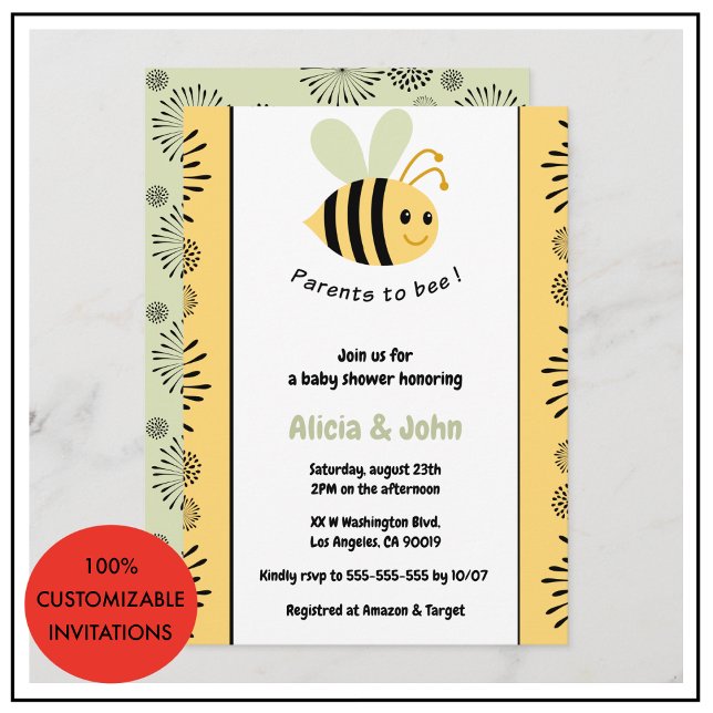 Cartes d'invitation à une fête prénatale Bee coed  (Bee baby shower invitations coed bumblebee gender neutral)