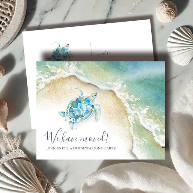 Cartes d'invitation à une pendaison de crémaillère (housewarming invitations beach watercolor sea turtle art by Victoria Grigaliunas of Do Tell A Belle)