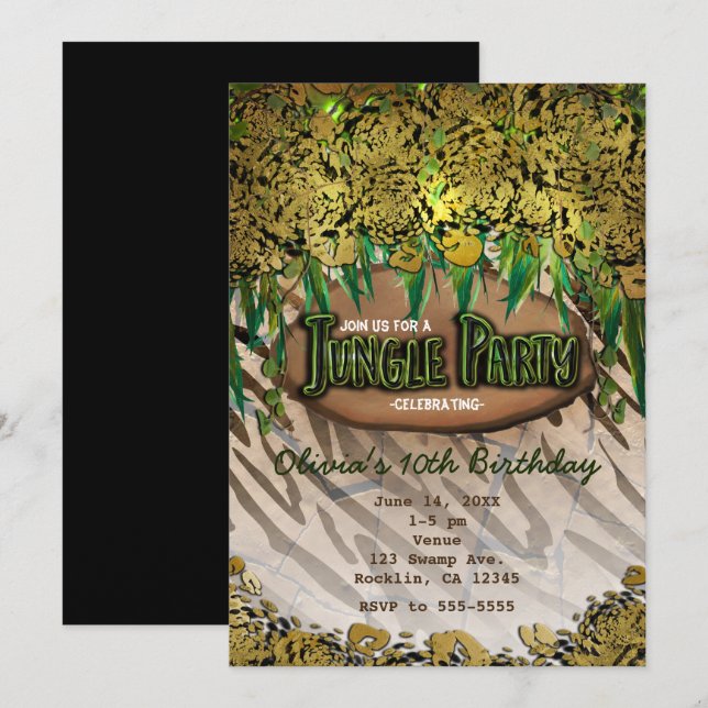 Cartes d'invitation Animaux Imprimés Glam Or JUNGL (Devant / Derrière)