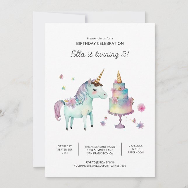 Cartes d'invitation anniversaire licorne imprimabl (Devant)