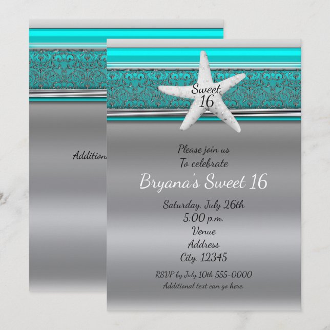 Cartes d'invitation Aqua & Silver Starfish Beach S (Devant / Derrière)