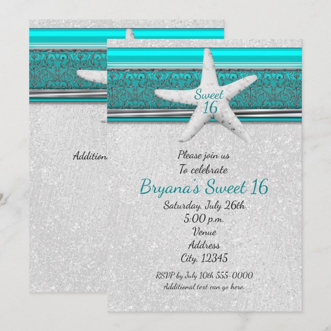 Cartes d'invitation Aqua & White Starfish Beach Sw (Devant / Derrière)
