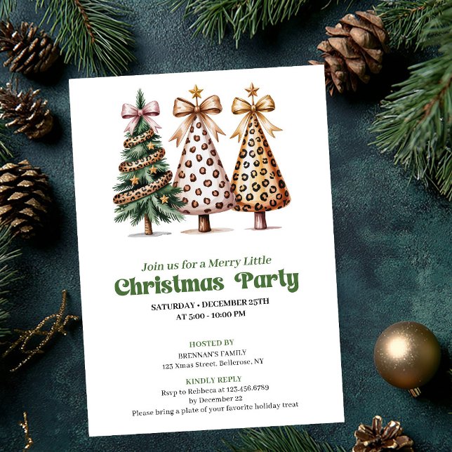 Cartes d'invitation arbre de Noël trendy or vert l (Trendy gold green leopard Christmas tree invitation)