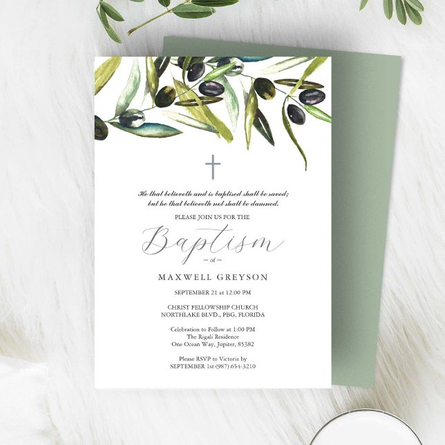 Cartes d'invitation au baptême Branche d'olive rel (Baptism invitations feature watercolor olive branches by Victoria Grigaliunas of Do Tell A Belle)