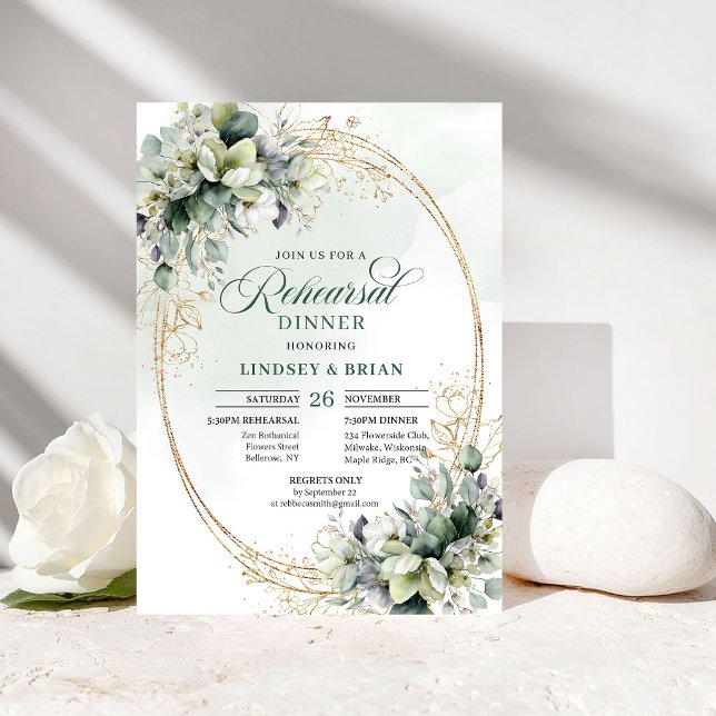 Cartes d'invitation au dîner de répétition botaniq (Greenery Gold Botanical Rehearsal Dinner Invitation)