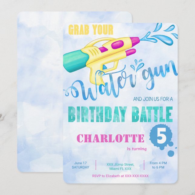 Cartes d'invitation au pistolet à eau  (Devant / Derrière)