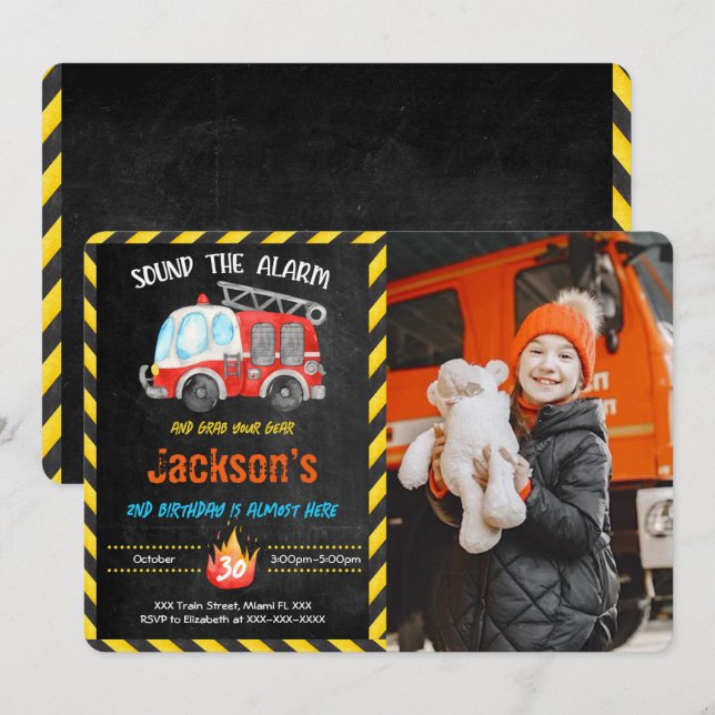 Cartes d'invitation avec photo de camion de pompie (Devant / Derrière)