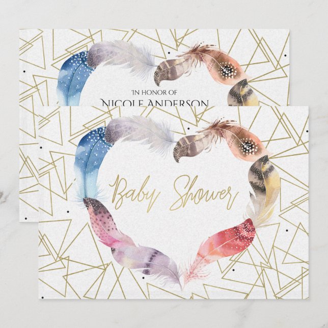 Cartes d'invitation Baby Shower à plumes de style  (Devant / Derrière)