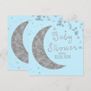 Cartes d'invitation Baby Shower Bleu & Argent Lune