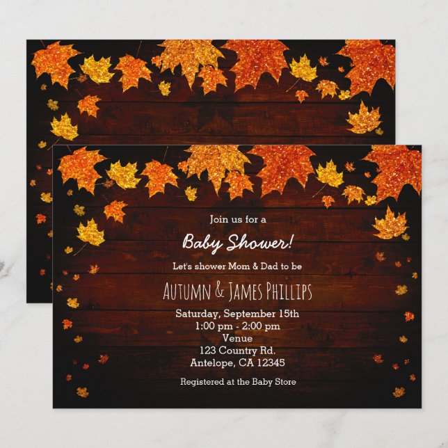 Cartes d'invitation Baby Shower Feuilles Pailletée (Devant / Derrière)
