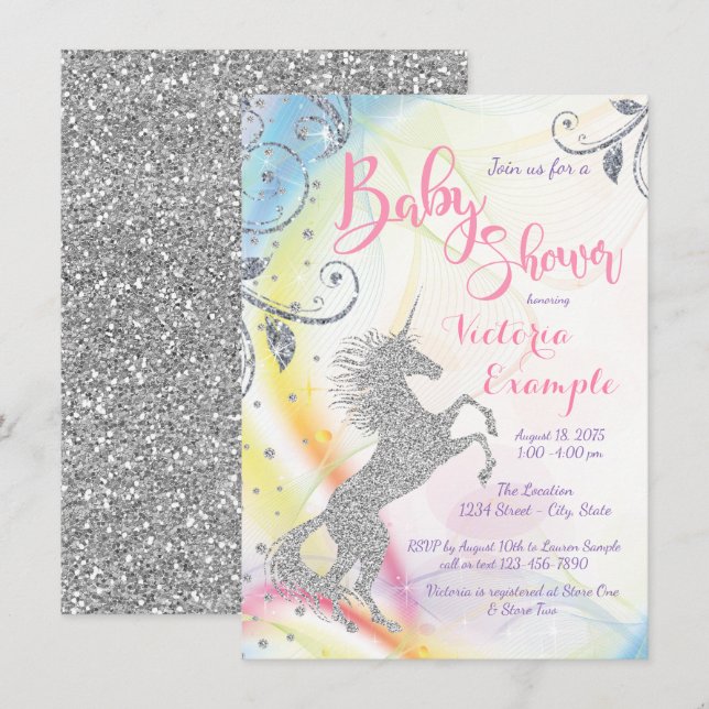 Cartes d'invitation Baby Shower Licorne Argentée F (Devant / Derrière)