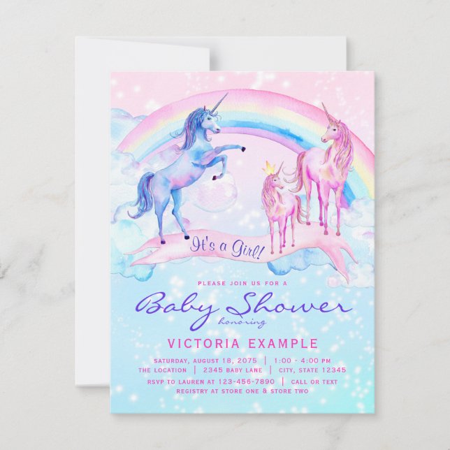 Cartes d'invitation Baby Shower Licorne pastel Lic (Devant)