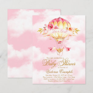Cartes d'invitation Baby Shower Montgolfière Rose