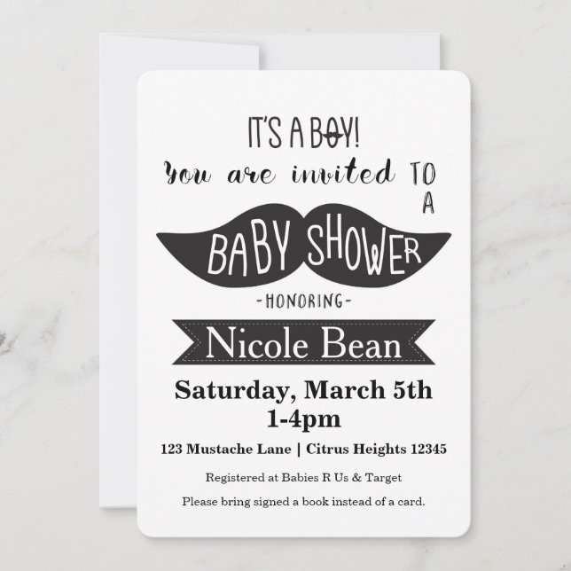 Cartes d'invitation Baby Shower Moustache Noir et  (Devant)