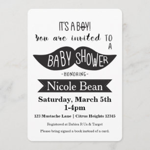 Cartes d'invitation Baby Shower Moustache Noir et 