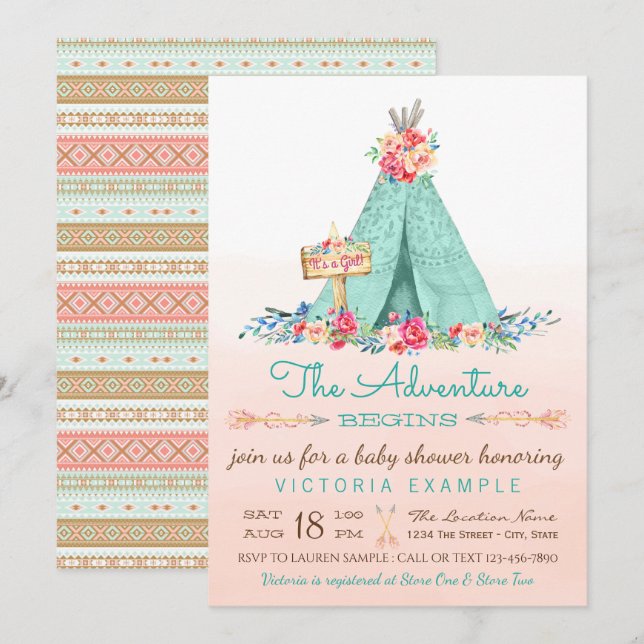 Cartes d'invitation Baby Shower pour filles TeePee (Devant / Derrière)