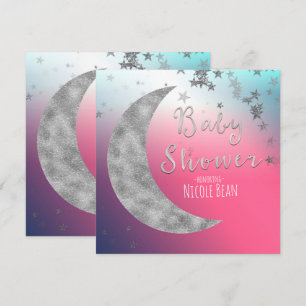 Cartes d'invitation Baby Shower Rose Argent Lune &