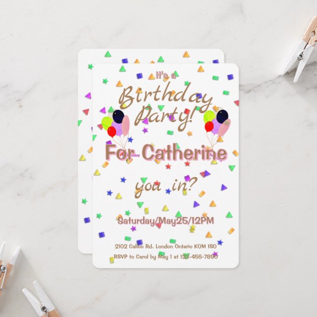 Cartes d'invitation Ballons de Fête d'Anniversaire (Devant/Arrière en situation)