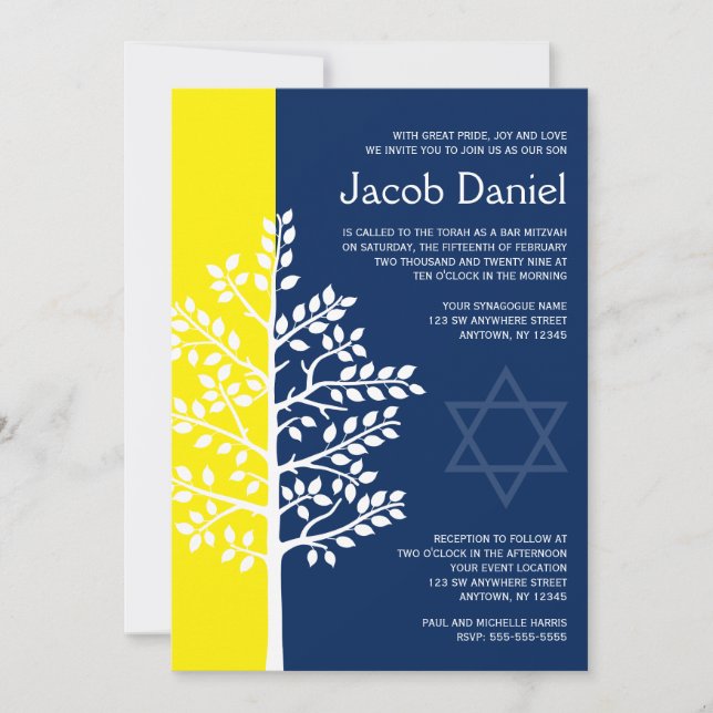 Cartes d'invitation Bar Mitzvah Arbre de Vie Navy  (Devant)