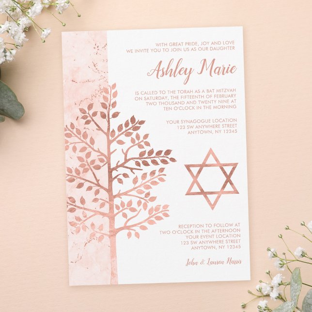 Cartes d'invitation Bat Mitzvah Rose Gold Arbre de (Créateur téléchargé)