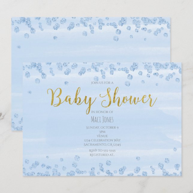 Cartes d'invitation bébé bleu clair et or (Devant / Derrière)