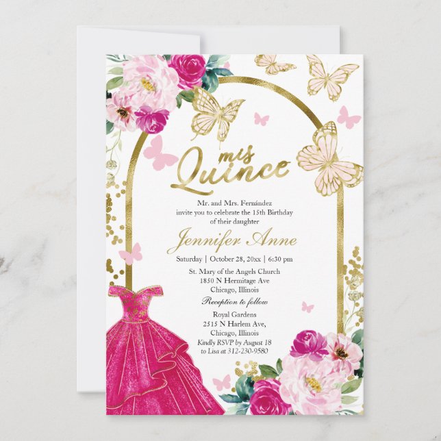 Cartes d'invitation bilingues Papillon Coing Rose  (Devant)