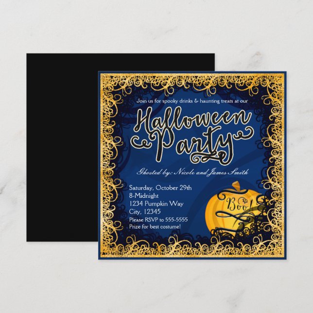 Cartes d'invitation bleues et orange pour fête d'H (Devant / Derrière)