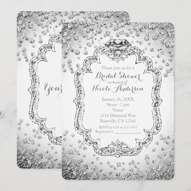 Cartes d'invitation Bling Diamant Argent Blanc Pla (Devant / Derrière)