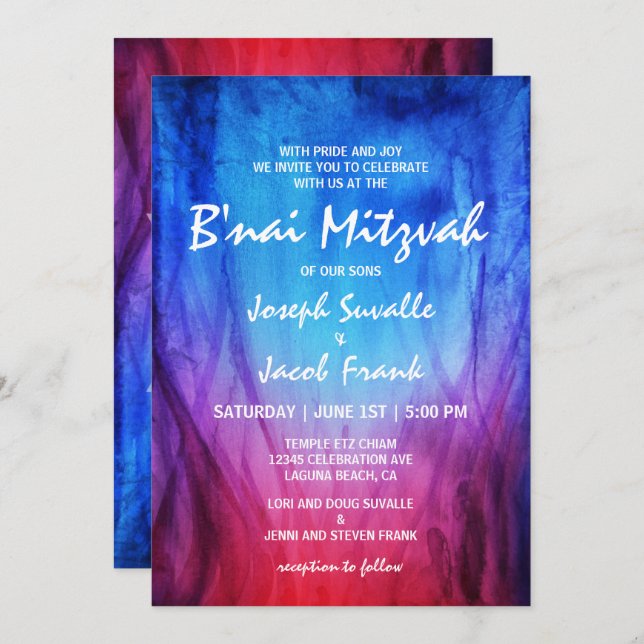 Cartes d'invitation B'nai Mitzvah | Bleu Rouge | F (Devant / Derrière)