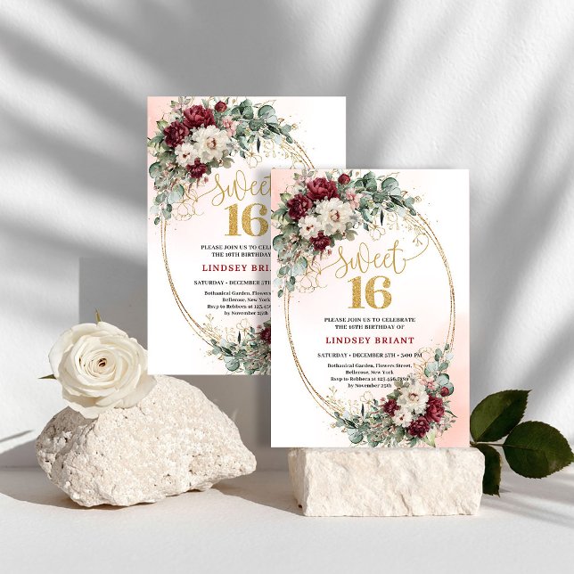 Cartes d'invitation Bohemian Maroon Floral pour un (Bohemian Maroon Floral Sweet 16 Birthday Invitation)