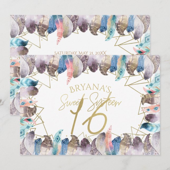 Cartes d'invitation Boho Aquarelle Plumes Or Douce (Devant / Derrière)