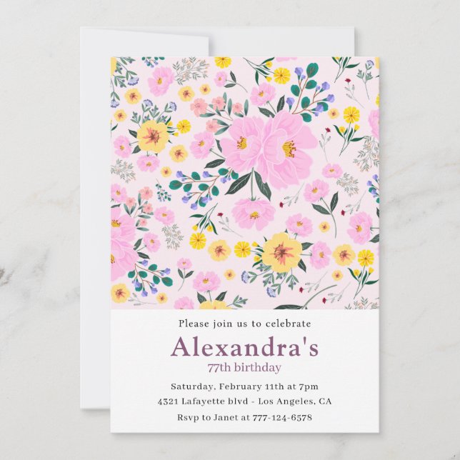 Cartes d'invitation Boho Floral pour 77e anniversa (Devant)