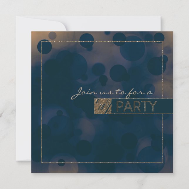 Cartes d'invitation Bokeh Glam Bleu & Or PARTY (Devant)