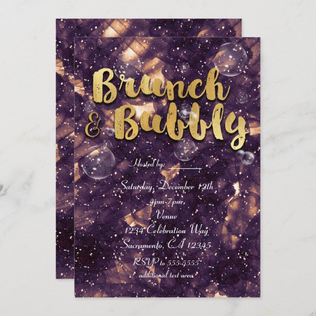 Cartes d'invitation Brunch & Bubbly Purple Gold Gl (Devant / Derrière)