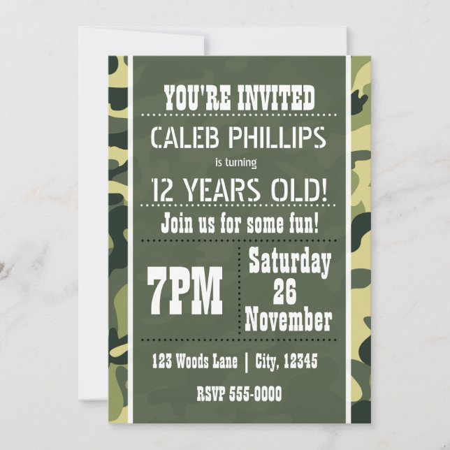 Cartes d'invitation camouflage de l'armée verte po (Devant)
