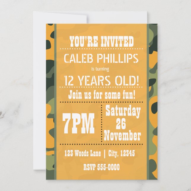 Cartes d'invitation camouflage orange pour anniver (Devant)
