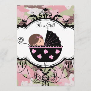 Cartes d'invitation camouflage rose noir pour Baby