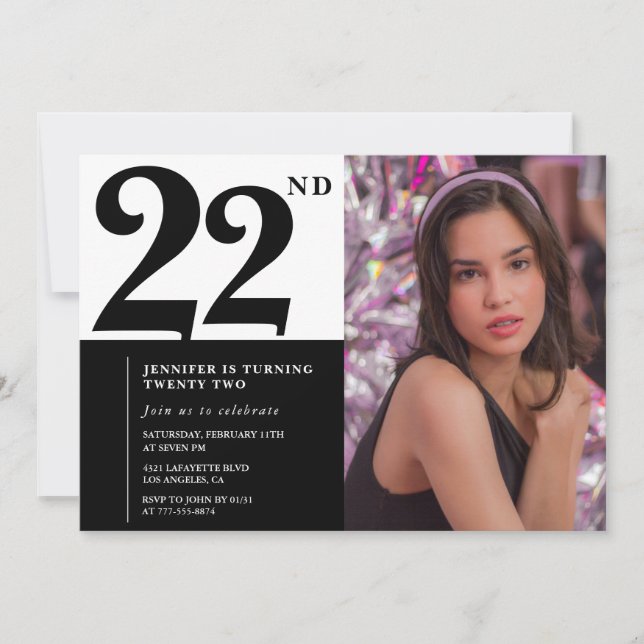Cartes d'invitation chic noir blanc pour 22ème ann (Devant)