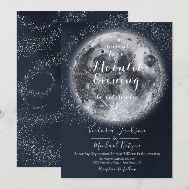 Cartes d'invitation Ciel Pleine Lune et Étoiles (Devant / Derrière)