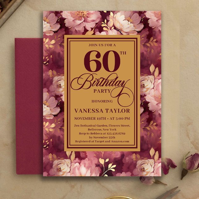 Cartes d'invitation Classiques 60ème Anniversaire  (Classic 60th Birthday Deep Red Blush Gold Invitation)