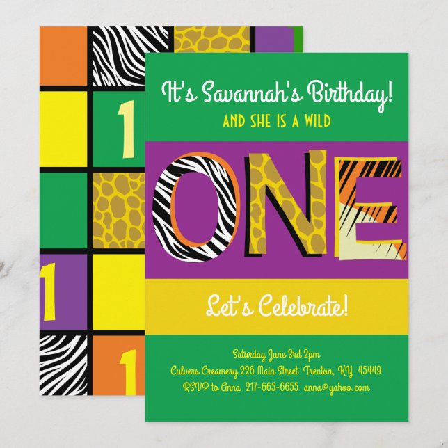 Cartes d'invitation colorées pour 1er anniversaire (Devant / Derrière)