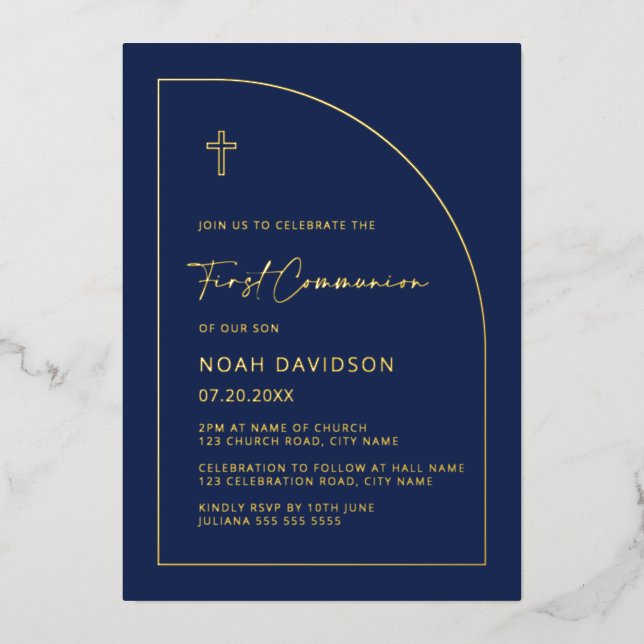 Cartes d'invitation Communion Bleu marine et feuil (Recto)