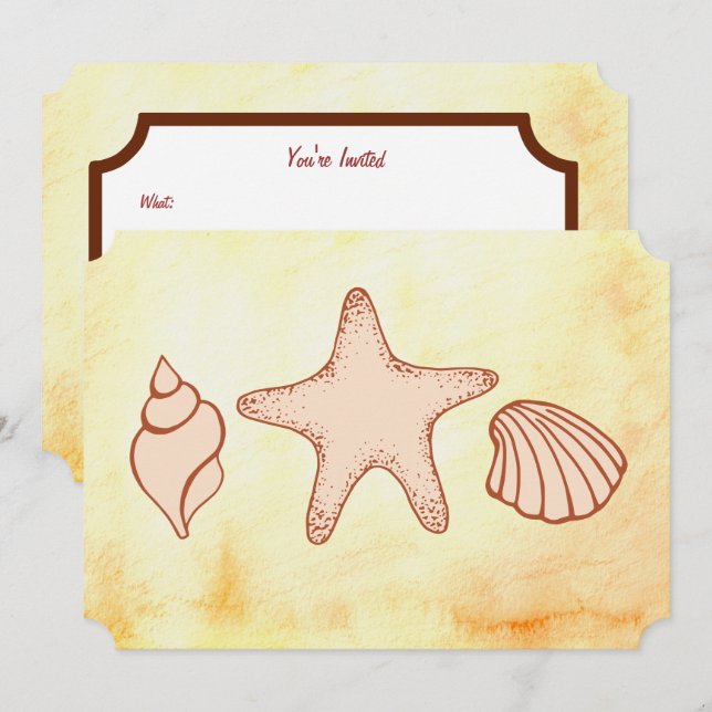 Cartes d'invitation Coquillages de Plage (Devant / Derrière)