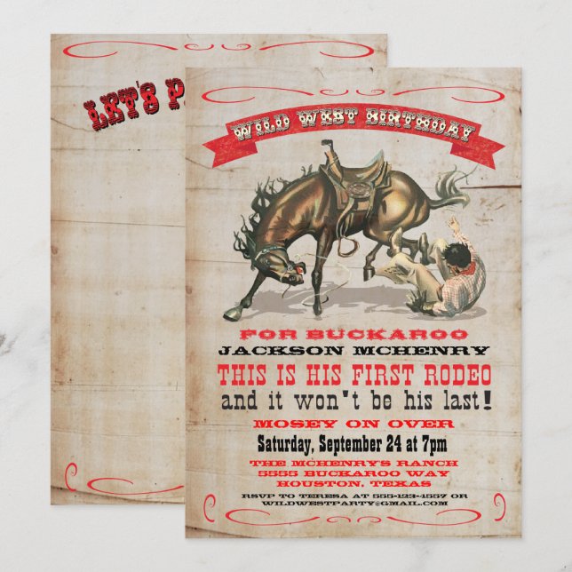 Cartes d'invitation Cowboy Western pour 1er annive (Devant / Derrière)