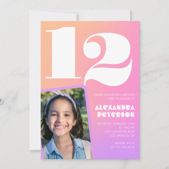Cartes d'invitation d'anniversaire 12 ans Rose Ora (Devant)