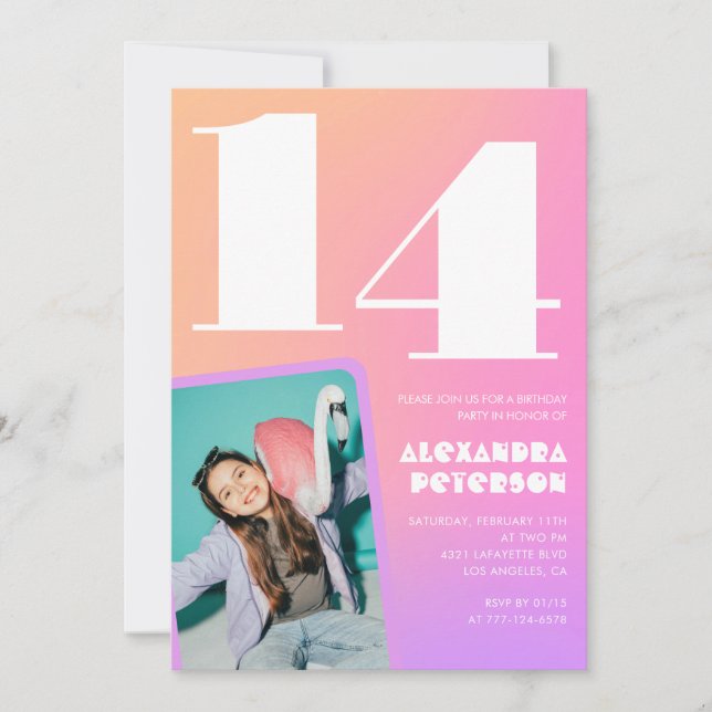 Cartes d'invitation d'anniversaire 14 ans Orange R (Devant)