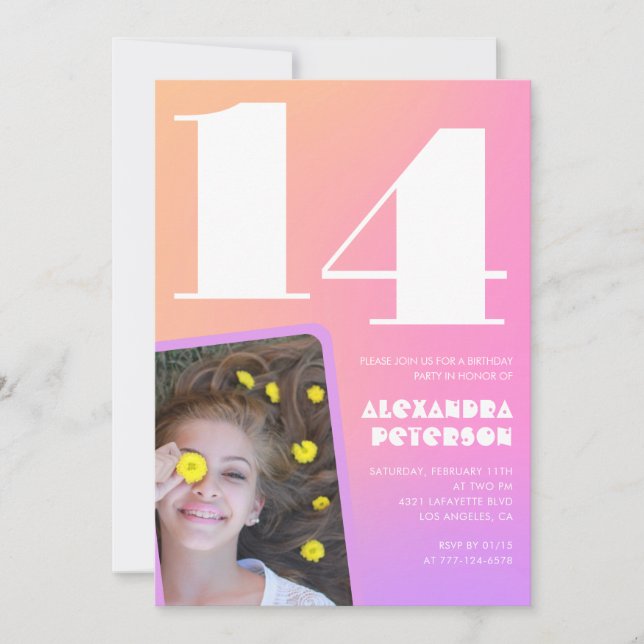 Cartes d'invitation d'anniversaire 14 ans Rose Ora (Devant)